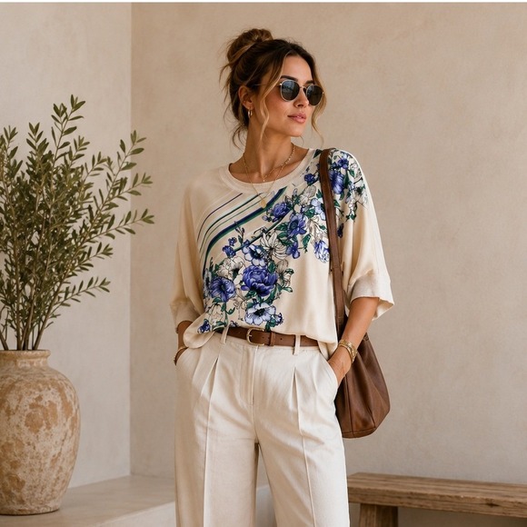 White House Black Market Tops - White House Black Market Floral Mixed Media Top Cream Blue M 3/4 Sleeve Blouse